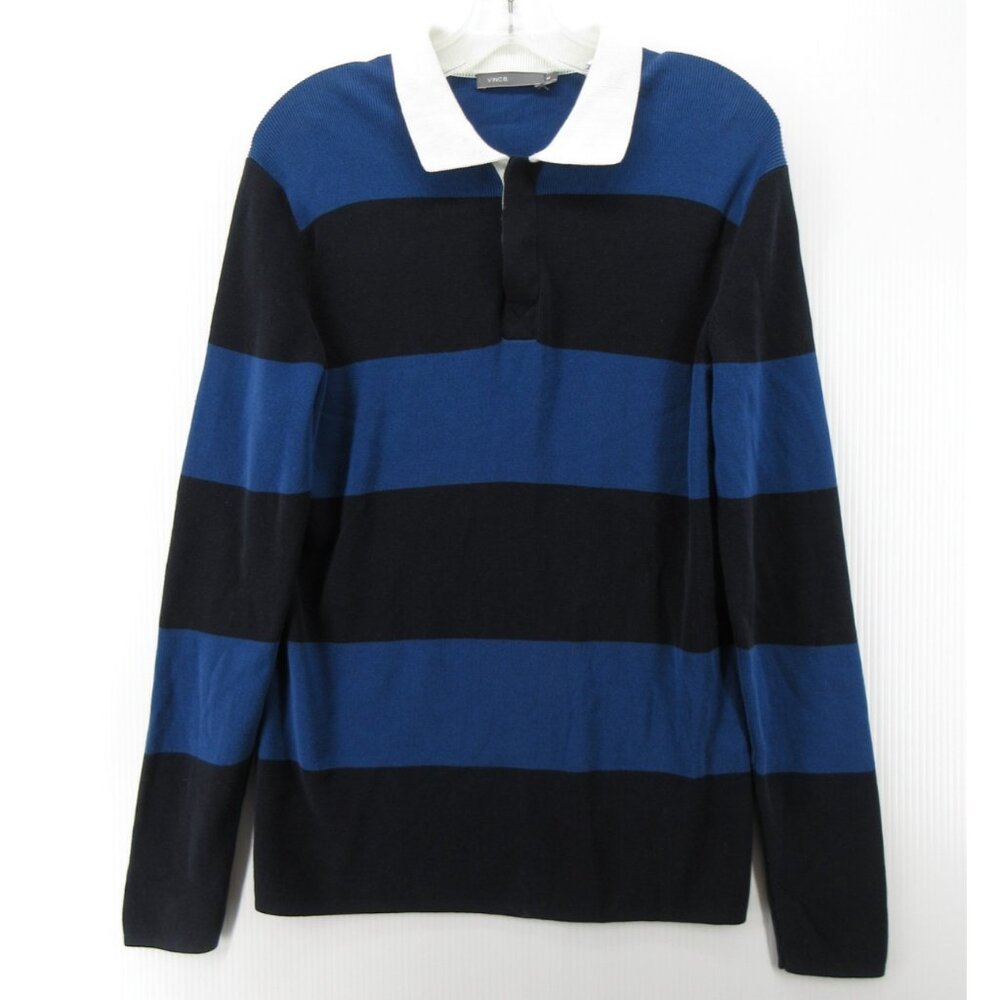Vince Rugby Polo Shirt Medium Blue Pullover Striped Knit Heritage *